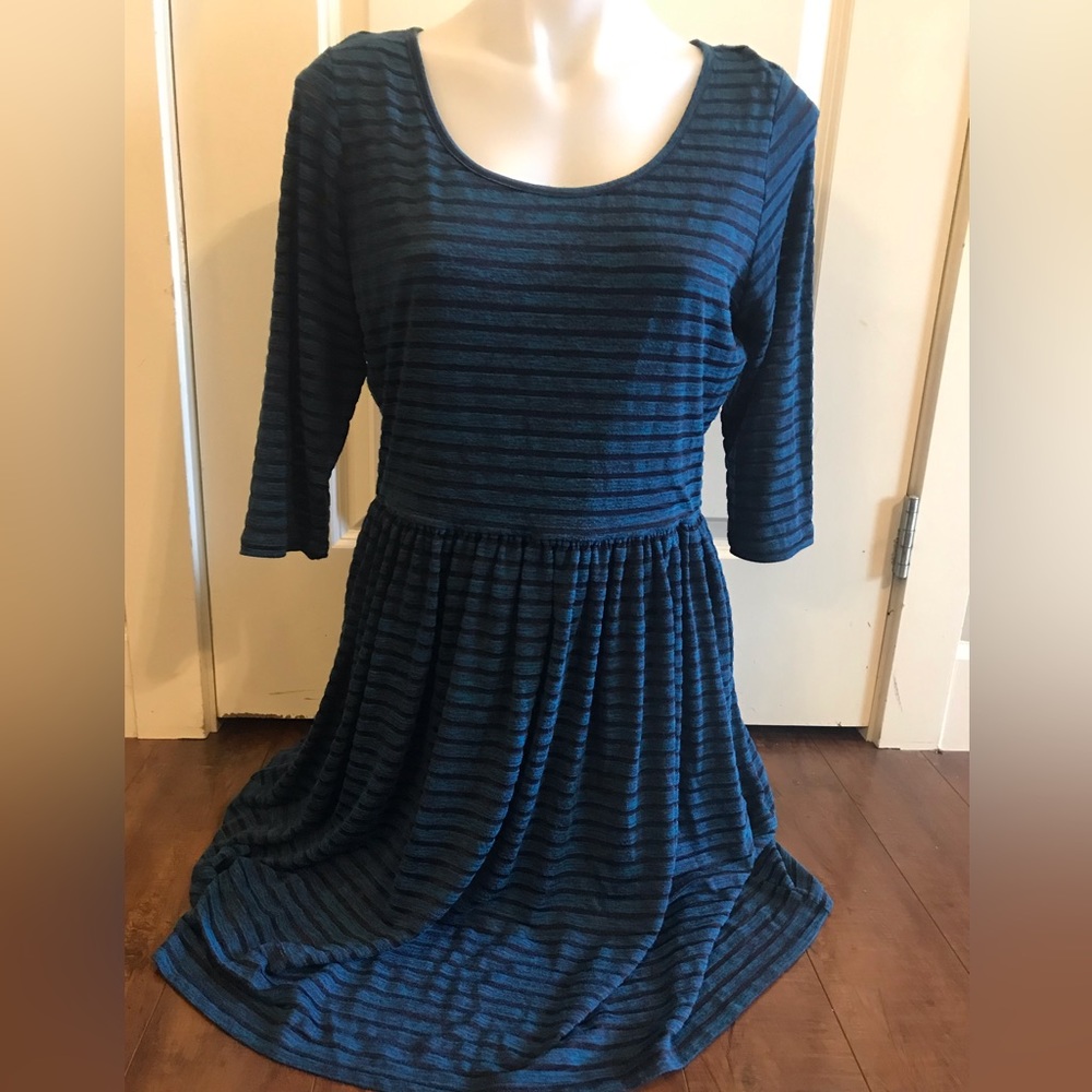 Yumi Teal with Black Sheer Metallic Stripes Crewneck 3/4 Sleeve Midi Dress
